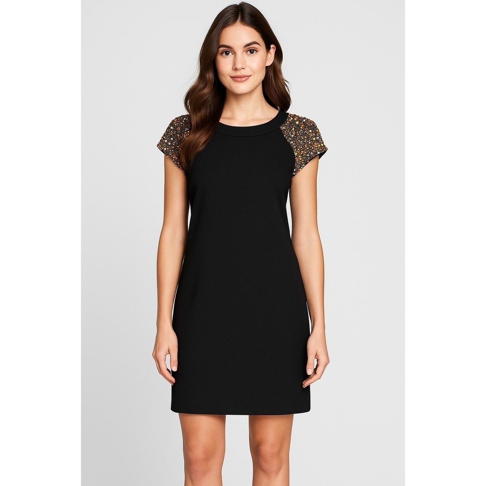 Trina‎ Turk Beaded Cap Sleeve Dress Womens 4 Black Shift Keyhole TD141003